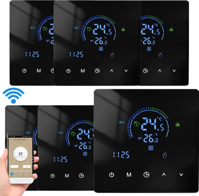 A collage of digital thermostats and a smartphone displaying a thermostat app.