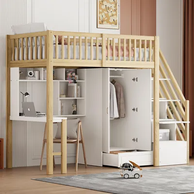 Produktbild von STILVORA Hochbett 90 x 200cm Kinderbett Jugendbett mit Kleiderschrank Regal & Tisch,Bettrahmen mit Aufbewahrungstreppe,Holzfarbe+weiß(ohne Matratze)