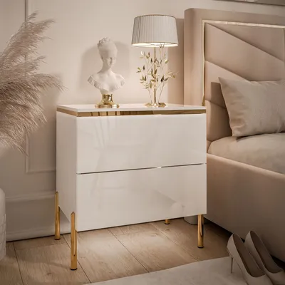 Produktbild von AURORA II Nachttisch Weiß Hochglanz mit LED-Beleuchtung mit gerade Beine in goldenem Chrom
