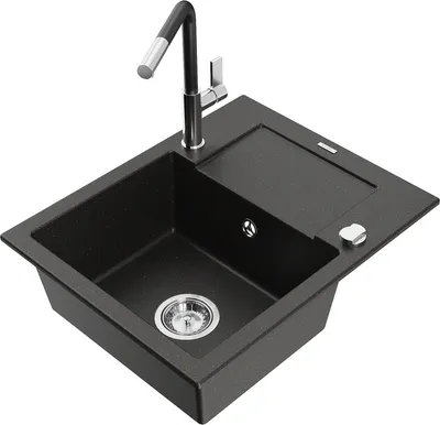 Produktbild von Mexen Enzo 1 Becken-Granitspüle mit Abtropffläche und Mischbatterie Flora, Schwarz/Gold metallisch - 6506-75-670401-07