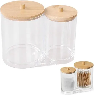 Produktbild von Wattenschijfjes-Organizer mit 2 Holzdeckeln, für Wattenstaab und Wattenballen, Make-up-Spender, Schreibtisch-Organizer