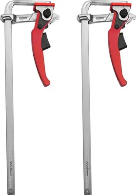 Immagine prodotto di Set di 2 morsetti a serraggio rapido - Morsetto a cricchetto - Apertura 30 cm - Forza di serraggio 180 kg - Per tavolo MFT e guida - Acciaio legato, zinco - Rosso