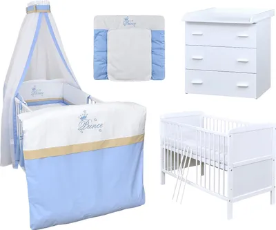 Produktbild von Baby-Delux Babyzimmer Babybett Wickelkommode Weiss Bettwäsche Komplett Set Prince