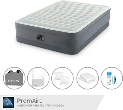 Produktbild von Intex Luftbett - 2 Personen- 137 x 191 x 36 cm - Grau - Mit elektrischer Pumpe, Spannbettlaken Weiß, Kopfkissen, Molton 2 in 1 Kissenbezüge en Reperaturset