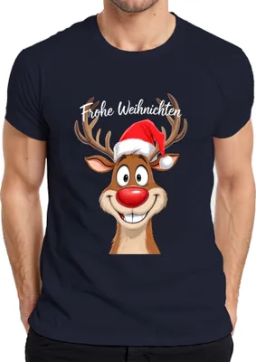 Produktbild von Frohe Weihnachten Rentier Rudolph Cartoon Lustig Weihnachtsmütze Herren T-Shirt, Navy, XXL