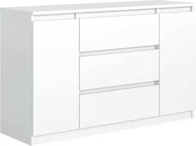 Produktbild von Masseno Kommode LUMINO 140 cm Sideboard mit 3 Schubladen und 2 Türen für Wohnzimmer Schlafzimmer Modern 140x33x77 cm Weiß / Weiß