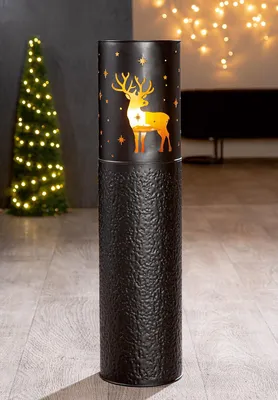 Image de Gilde Windlicht, zylindrisch, "Winterhirsch", Hirschmotiv, Sternmuster, Metall, schwarz, goldfarben, VE 2, H. 70 cm, D. 18 cm 60558 4063387605585