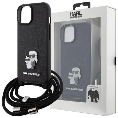 Produktbild von Karl Lagerfeld Crossbody Saffiano Metal Pin Karl & Choupette Hülle für iPhone 15 Pro  Schwarz Handyhülle