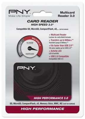 Productafbeelding van PNY Kaartlezer - USB 3.0 - Extern - Geschikt voor: SD, miniSD, microSD, SDHC, microSDHC, SDXC, CompactFlash, MultiMediaCard (MMC), MMCplus, microSDXC