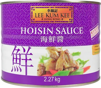 A large tin can of Lee Kum Kee Hoisin Sauce with a picture of the sauce being used in a dish.