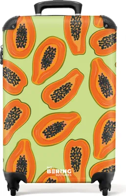 Produktbild von NoBoringSuitcases.com Hartschalen Handgepäck Koffer 55x35x20 cm, 36L, Bunte Fruchtdrucke für Frauen: Grün mit orangefarbenen Papayas, Reisekoffer mit 4 Rollen