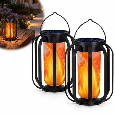 Produktbild von Solar Laterne 2er Set mit Flammeneffekt, Solar Gartenleuchte LED wasserdicht IP65, hängende Dekolampe für Garten, Terrasse, Balkon & Hof