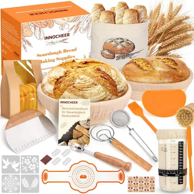 Produktbild von Proofing Basket for Sourdough Starter Set, 25 cm & 23 cm Proofing Basket Bread Baking with Sourdough Starter Glass, Bread Baking Starter Set Large Gif
