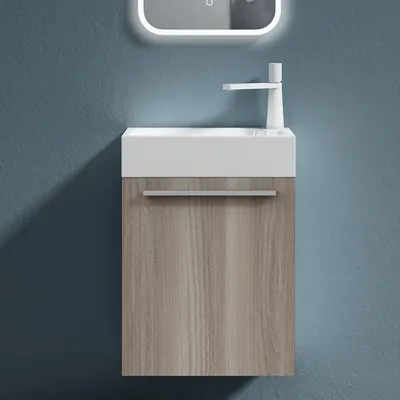 Produktbild von doporro Badmöbel-Set Waschtisch mit Unterschrank in Hell Eiche Waschbeckenunterschrank Gäste WC 46x26x63cm mit matt Weiß Waschbecken Pisa