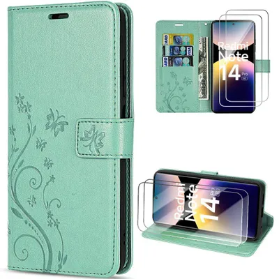 Image de Coque et 2 Verres Trempés pour Xiaomi Redmi Note 14 Pro 5G, Protection CuirPolyuréthaneVert Motif Floral Papillon