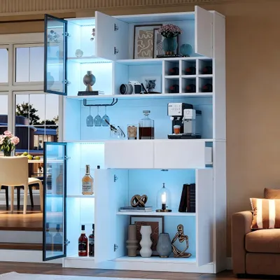 Produktbild von Merax Vitrine mit LED, Hochschrank mit 6 Türen und 2 Schubladen, Glastüren aus Sicherheitsglas, Weinschrank mit offene Fächer, Bücherschrank, Weiß