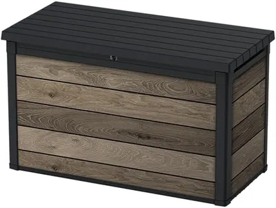 A storage box with a wood-like texture and a black lid.