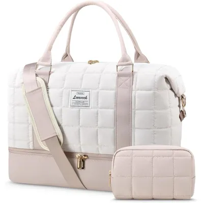 Productafbeelding van Reistas dames, weekendtas, handbagage, ziekenhuistas met schoenvak en natvak, beige en lichtroze