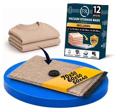 Image de Sacs sous vide pour vêtements - Lot de 12 - 70 x 50 cm, 60 x 50 cm et 50 x 40 cm - Réutilisables et sans BPA