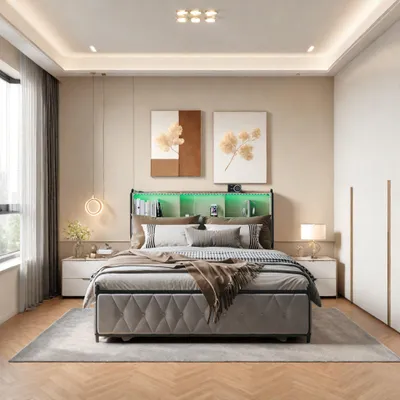 Image de Lit 160x200 cm en velours beige avec tiroirs, tête de lit LED multicolore, USB/Type-C et rangement sous lit