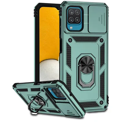 Immagine prodotto di Custodia per Samsung Galaxy A12 a doppio strato con copertura scorrevole della fotocamera e supporto ad anello verde