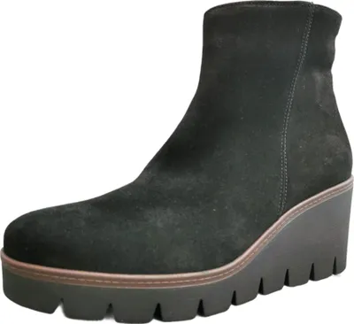 A black suede wedge bootie is shown against a white background.