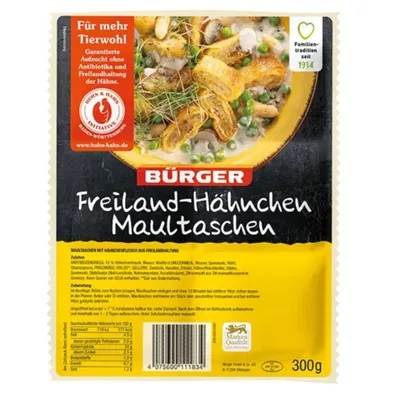 Produktbild von Bürger Freiland-Hähnchen Maultaschen 300 g – Saftige, hochwertige Teigtaschen mit Fleischfüllung, ideal für leckere Gerichte