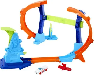 Produktbild von Hot Wheels Action Stunttracks Sprung durch die Spirale Trackset und Spielzeugauto im Maßstab 1:64, Track-Schnellstecksystem, Fahrzeug- & Schienen-Set, 4 Jahr(e), Kunststoff, Mehrfarbig