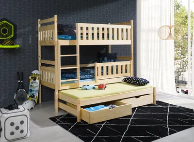 Produktbild von KEF ANIA Etagenbett Kinder 3 Personen Holz Kinderbett Ausziehbar Bett mit Schubladen und Matress Leiter Rechts Kiefer 190x90cm