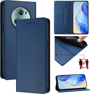 Obrázek produktu pro Kožené pouzdro pro Honor Magic5 Pro, flipové pouzdro s přihrádkami na karty, peněženkou a stojánkem Modrý