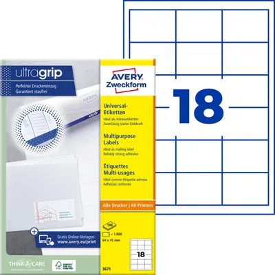 Produktbild von Avery Zweckform 3671, Universal-Etiketten, A4, Qualitätsdruck mit: ultragrip, 64 x 45 mm, 1.800 Etiketten / 100 Bögen, weiß