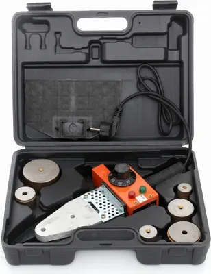 A black plastic case containing a polyfusion welding tool and various circular metal attachments.