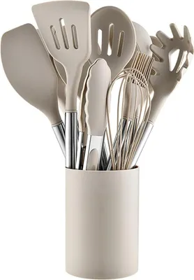Produktbild von MODFU Kochbesteck-Sets Küchenset 12-teilig, Silikon Kochbesteck Set, Silikon Küchenbesteck mit Edelstahl, Küchenutensilien Set hitzefest, Khaki