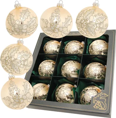 Produktbild von Krebs Glas Lauscha 9er Set Weihnachtskugeln - Glaskugelsortiment in Eislack Gold - Größe: 8cm - mundgeblasen & handdekoriert