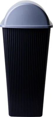 A dark gray trash can with a light gray lid, shown against a white background.