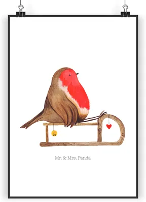 Produktbild von Mr. & Mrs. Panda Bild Rotkehlchen Schlitten DIN A4 - Weiß - Geschenk, Vogel, Weihnachten, kunstdruck poster, Wandbild, drucke, wanddeko