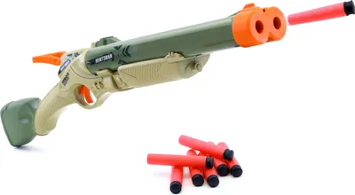 A toy shotgun with darts on a white background.