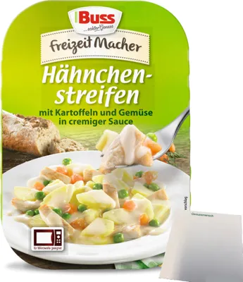 Produktbild von Buss Hähnchenstreifen in cremiger Sauce mit Kartoffeln und feinem Gemüse (300g Packung) + usy Block