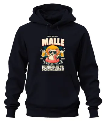 Productafbeelding van Malle. Eigenlijk zijn we hier toch om te drinken? Hoodie, marineblauw, maat L