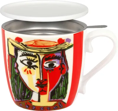 Produktbild von KÖNITZ 115S571991 Becher Picasso - Femme Au Chapeau 425 ml mit Sieb und Deckel, Bone China Porzellan