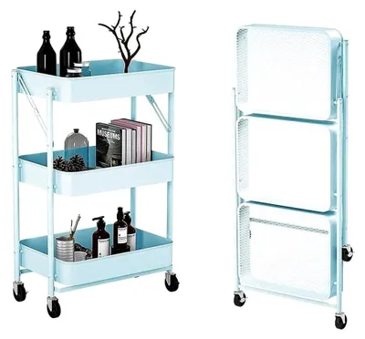 Produktbild von Servierwagen, Küchenwagen, Badregal, Organizer, Regal auf Rädern, klappbarer Allzweckwagen für Küche, Badezimmer und Büro mit 3 Ebenen (Blau)