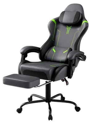 Produktbild von Gaming Stuhl mit Massagefunktion in Grau - Ergonomischer Bürostuhl mit Fußstütze, Kopfstütze und Lendenkissen