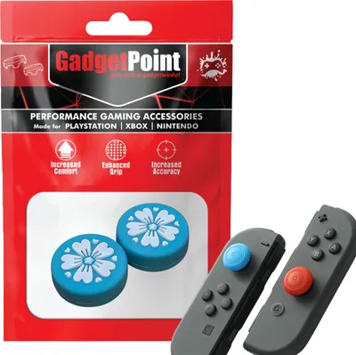 Produktbild von Thumbgrips - Thumb Grips voor Nintendo Switch Joy-Con Controllers - Gaming Thumbgrips - Performance Anti-Slip Thumbsticks - Bescherming Accessoires - Bloemetjes - Blauw met Wit -