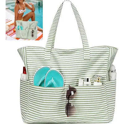 Produktbild von Große Damen Strandtasche Streifen, Stilvolle Oxford Tote Bag, leicht, wasserabweisend, ideal für Urlaub, Freizeit, Shopping