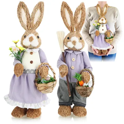 2er-Set Stroh-Osterhasen, 44 cm, handgefertigt, lila/blau