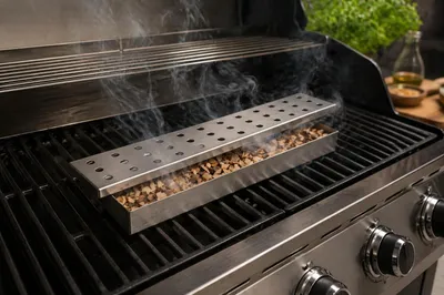 Produktbild von Landmann Räucherbox Edelstahl Set + 500g Räucherchips Wachholder | Smoker Box für Gasgrill Holzkohlegrill Elektrogrill | BBQ Zubehör