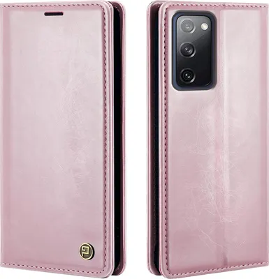 A pink leather flip case for a Samsung Galaxy S20 FE phone, shown from the front and back.