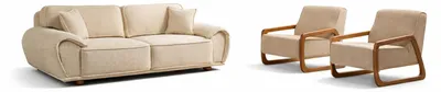Immagine prodotto di Set da salotto: divano a 3 posti e poltrona, stile moderno, struttura in legno, beige, nuovo