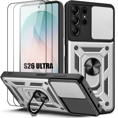 Image de Coque + 2 Verres Trempés pour Samsung Galaxy S26 Ultra, avec Anneau et Protection Caméra - Argenté