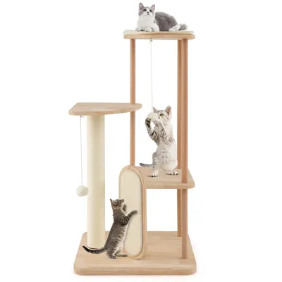 Produktbild von GOPLUS 112cm Kratzbaum, Katzenbaum Holz mit Sisal-Kratzbrett und -Stamm, Gepolsterter Ruheplatz, 2 Plattformen, 2 Hängespielzeug, Beige